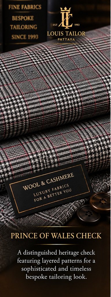 Prince of Wales Check Wool and Cashmere Suiting Fabric - Louis Tailor Pattaya
