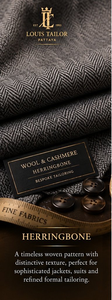 Herringbone Wool and Cashmere Suiting Fabric - Louis Tailor Pattaya