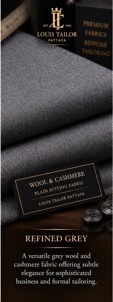 Grey Plain Wool and Cashmere Suiting Fabric - Louis Tailor Pattaya