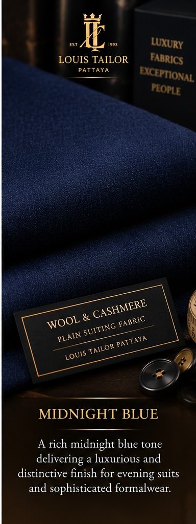 Midnight Blue Plain Wool and Cashmere Suiting Fabric - Louis Tailor Pattaya