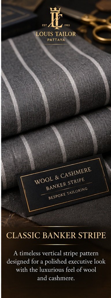 Classic Banker Stripe Wool and Cashmere Suiting Fabric - Louis Tailor Pattaya