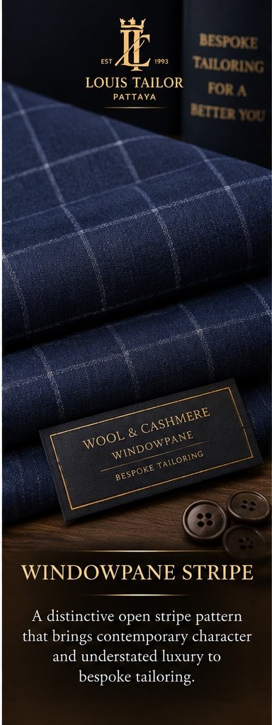 Windowpane Stripe Wool and Cashmere Suiting Fabric - Louis Tailor Pattaya
